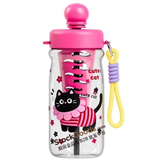 1000ml Rose Red Cat Cartoon Tea Infuser Straw Cup Portable Plastic Water Bottle